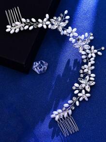 1pc European & American Bridal Pearl & Crystal Double-Tooth Comb Hair Accessory, Rhinestone Decor Wedding Hair Clip - Silver - View 6