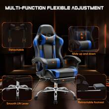 Sweetcrispy Video Game Desk Chair - Ergonomic Computer With Footrest And Comfy Lumbar Support, PU Leather Recliner With Headrest, Fixed Up Armrest, Height Adjustable With 360° Swivel - Blue - View 2