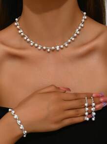 1 Set Fashionable Minimalist Wedding Jewelry Faux Pearl & Diamante Necklace, Earrings, Bracelet Suit For Women Wedding Party