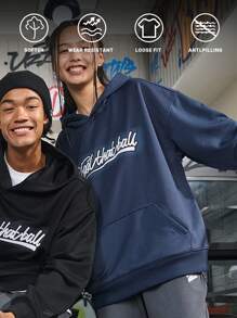 UZISER 街头运动休闲学院风必备秋季耐穿防风宽松女式纯色落肩刺绣字母图案套头卫衣 - 藍色 - 查看 3