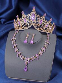 4pcs Elegant Rhinestone Queen Crown Necklace Earrings Set, Bridal Wedding Crown Hair Accessories, Women Party Occasion Jewelry Decoration Valentine's Day Accessories - HG057-TL150 - 查看 4