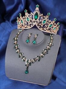 4pcs Elegant Rhinestone Queen Crown Necklace Earrings Set, Bridal Wedding Crown Hair Accessories, Women Party Occasion Jewelry Decoration Valentine's Day Accessories - HG057-TL150 - 查看 10