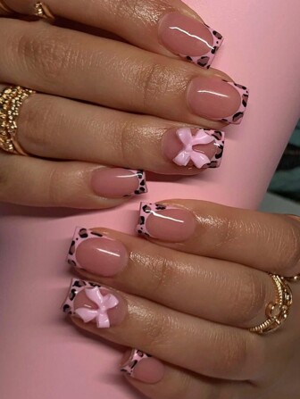 Y2K 24Pcs Short Square Press On Nails Pink French Leopard Print Fake Nails With 3D Bowknot Designs Handmade Glossy Full Cover False Nails For Women And Girls Daily Wear Nail Supplies Nails