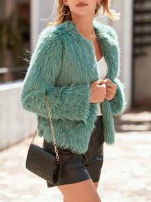 Women's Winter Coat Wool Short Jacket Faux Fur Long Sleeve Pocket Plush Warm Coat Autumn - 淺綠色 - 查看 3