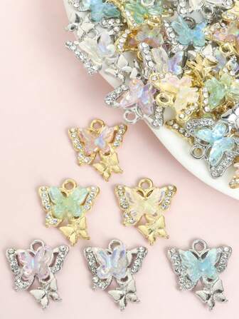 10 件仙女气质多色渐变亚克力和水钻镶嵌蝴蝶吊坠，精致梦幻双层蝴蝶设计锌合金吊坠，适合 DIY 春夏优雅锁骨链项链手链耳环头饰和服装装饰 - 非常适合生日和情人节、派对和婚宴配饰