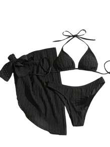 Bikini Set Trikini 3 Piece Kit Skirt Beachwear - Black - View 2