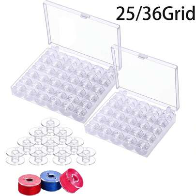 1 pieza Caja de almacenamiento de carretes de máquina de coser de plástico, Estuche para carretes de hilo de máquina de coser, Organizador de plástico transparente, Organizador de almacenamiento de carretes vacíos con 25/36 ranuras y 25/36 piezas de carretes de almacenamiento de plástico