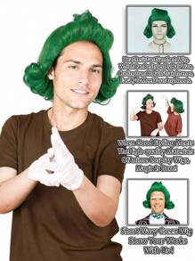 Men Short Wavy Vibrant Green Wig Men Chocolate Factory Worker Costume Wig Movie Character Costumes Anime Cosplay Wig Curly Synthetic Heat Resistant Hair Green Retro Flip Out Wig Party Christmas Decorations Gifts For Man Male Fluffy Outward Flip Wavy Green Bob Wigs Funny Cos Props