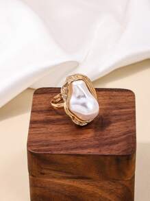 3pcs/Set Asymmetrical Faux Pearl And Metal Chain Jewelry Set With Gold Edge, For Women, Vintage, European And American Style, Including Necklace, Earrings, And Ring - Gold Two Piece Suit - View 15