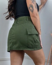 Military Green Cargo Denim Mini Skirt - 軍綠色 - 查看 3