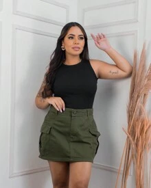 Military Green Cargo Denim Mini Skirt - 軍綠色 - 查看 2