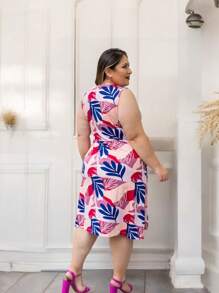 Plus Size Knee Length Printed Tank Top Dress - Hồng - Xem 2