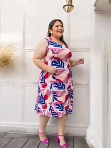 Plus Size Knee Length Printed Tank Top Dress - Hồng - Xem 1