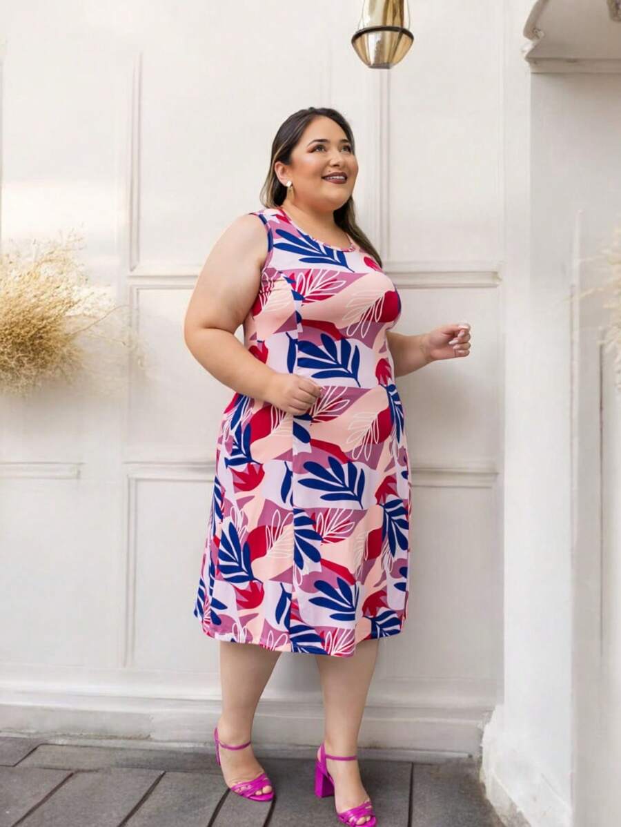 Plus Size Knee Length Printed Tank Top Dress - Hồng - Xem 1
