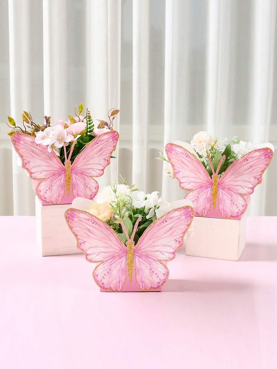 Bộ 6 hộp quà trang trí hình bướm hồng, thích hợp cho sinh nhật, ngày lễ, đám cưới, trang trí phòng tiệc và bàn tiệc, vật dụng đóng gói quà tặng, kèm theo băng dính hai mặt.