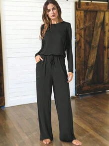 Women's Long Sleeve Drawstring Wide Leg One Piece Jumpsuits With Pockets Fall Outfits
