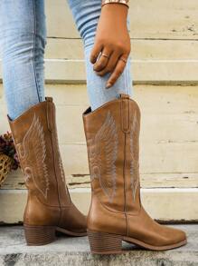 新款女式西部牛仔靴，尖头刺绣粗跟中筒马靴，加大码 - 棕色 - 查看 3