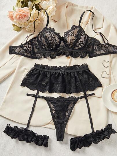 4pcs Women's Sexy Black Lace Floral Hollow Out Lingerie Set, Intimate Seductive Club Nightwear For Valentine's Day For Rave For Going Out