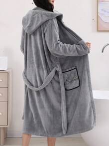 1 件女式纯色连帽浴袍，带口袋和腰带，长袖夏季婚礼沙滩装浴室装饰返校 - 灰色貼花浴袍 - 查看 7