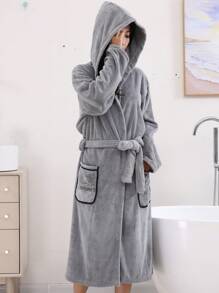 1 件女式纯色连帽浴袍，带口袋和腰带，长袖夏季婚礼沙滩装浴室装饰返校 - 灰色貼花浴袍 - 查看 4