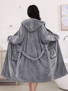 1 件女式纯色连帽浴袍，带口袋和腰带，长袖夏季婚礼沙滩装浴室装饰返校 - 灰色貼花浴袍 - 查看 8