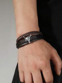 1pc Men's Western Cowboy Bull Head Bracelet, Simple Style Wrist Ornament - Silver - View 6