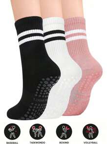 运动户外 3 双女士防滑瑜伽普拉提袜抓地力多色中筒运动袜适合芭蕾舞、舞蹈和医院户外登山骑行跑步