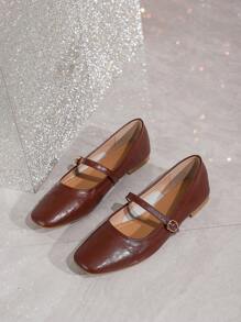 Women's Versatile Retro Fall French Mary Jane Flats, New Design Soft Sole Square Toe Buckle Decor Casual Shoes