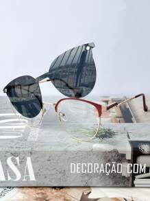 MELINDA MODA Women's Prescription Glasses Frame Metal Round Clip-On 2 IN 1 One Flat Mirror + One Lens - 酒紅色 - 查看 2