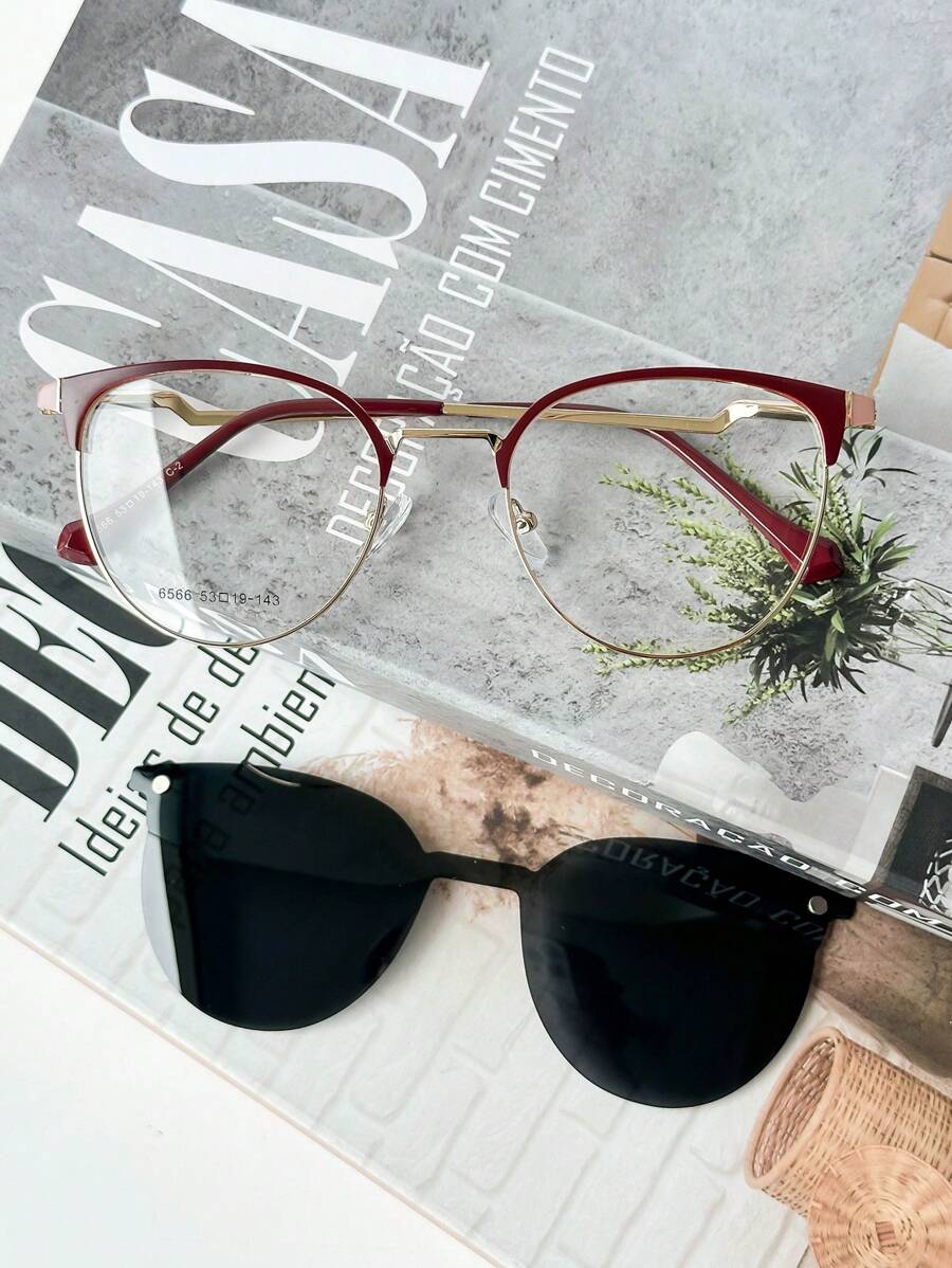MELINDA MODA Women's Prescription Glasses Frame Metal Round Clip-On 2 IN 1 One Flat Mirror + One Lens - 酒紅色 - 查看 1