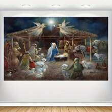 1pc Religious Christmas Nativity Scene Banner, Jesus In Manger Background Wall Art Decor Photography Backdrop - Multicolor - View 1