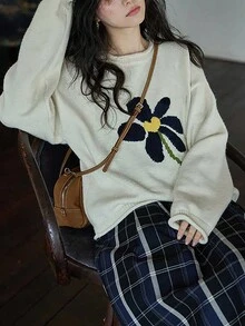 女士休闲简约圆领毛衣 - 米色 - 查看 5