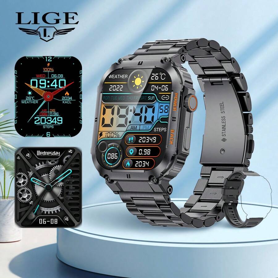 Smart Watch With 100+ Sports Modes, Blood Pressure, Heart Rate Monitoring, Alarm Clock, Call Reminder, Smart Voice Call, Running Timer, Fashionable Outdoor Sports Watch - 黑色 - 查看 1
