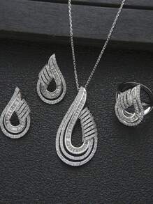 1 套时尚母亲节礼物方晶锆石几何 U 形项链、耳环和戒指套装，适合女性日常佩戴 - 白色 - 查看 1