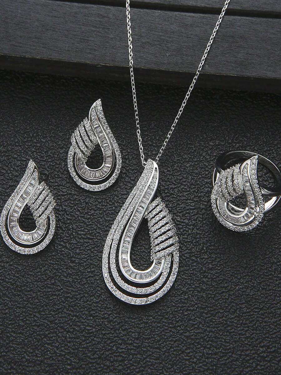 1 套时尚母亲节礼物方晶锆石几何 U 形项链、耳环和戒指套装，适合女性日常佩戴 - 白色 - 查看 1