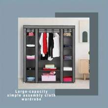 PRACTICAL FABRIC CANVAS WARDROBE HANGING RAIL SHELVING CLOTHES STORAGE CUPBOARD - Gray - View 4