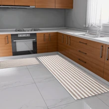 Beige Striped Kitchen Rug Kit 2 Pieces 100% Cotton Non-Slip Runner 1.30m X 45cm Doormat 65cm X 45cm - Màu be - Xem 3
