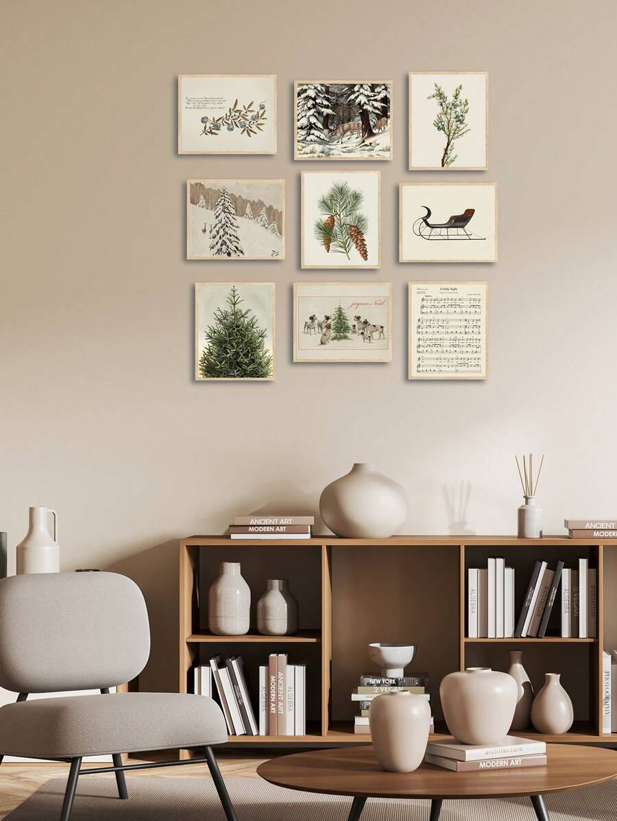 9入組冬季藝術印刷品,雪景壁畫寫真畫報,懸掛在客廳的北歐風格畫報,經典歡樂的聖誕節海報,無框油畫海報 - 彩色 - 查看 1
