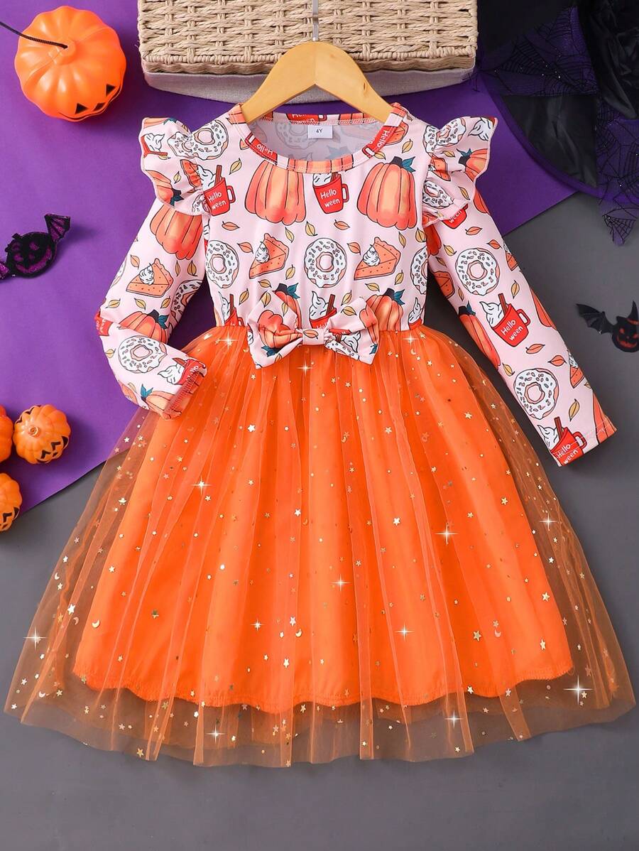 Young Girl Long Sleeve Halloween Pumpkin Printed Bowknot Mesh  & Cute Dress