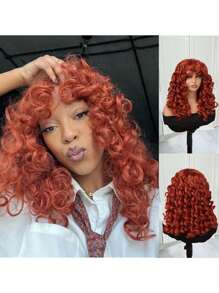 18 Inch Copper Ginger Synthetic Fiber Curly Wig With Bangs, Fluffy Natural Looking Cosplay Wig, Heat Resistant - Dirty Orange - View 10
