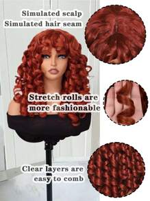 18 Inch Copper Ginger Synthetic Fiber Curly Wig With Bangs, Fluffy Natural Looking Cosplay Wig, Heat Resistant - Dirty Orange - View 4