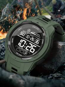 SMAEL 男士运动防水手表，大表盘 LED 背光数字显示计时功能日常休闲腕表 - 軍綠色 - 查看 3