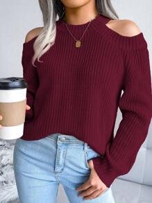 Casual Round Neck Open Shoulder Solid Color Long Sleeve Knit Pullover,Long Sleeve Tops - Burgundy - View 5