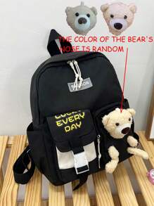 Mochila infantil de nylon con diseño de oso lindo y cierre con cremallera - Negro - Ver 2