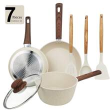 ABKOK 1pc/2pcs/3pcs/4pcs/7pcs/12pcs/15pcs Aluminium Pot Set 7.4inch Stockpot With Lid 8.3inch Wide Mouth Frying Pan 9.8inch Frying Pan Silicone Three Pieces Set Spatula Spatula Spoon Wooden Handle Suitable For Kitchen Cooking, Frying And Cooking .Multi-Piece Cookware Bundles & Single Pots Sold Separately - Mix & Match For Your Kitchen Needs