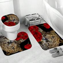 Red Rose Cheetah Shower Curtain Cat Leopard Print Bath Curtain With 12 Hooks Romantic Flowers Bathroom Decor Curtain Set With Non-Slip Rugs, Toilet Lid Cover Bath Mat For Bathtubs (Red Rose Cheetah) - Brown - View 3