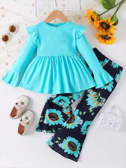 2pcs/Set Young Girl Ruffle Trim Sweater & Floral Print Pants Outfit, Autumn Winter