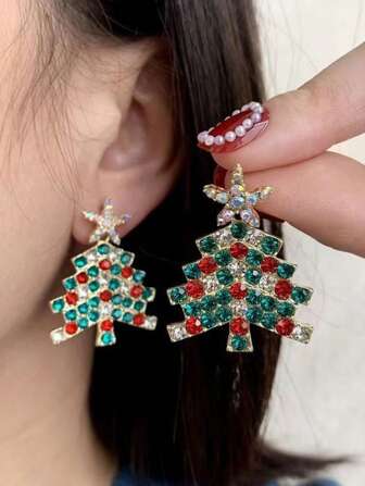 1 Pair Fashionable Shiny Star & Christmas Tree Rhinestone Earrings, Christmas Jewelry Accessories