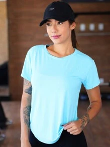 Camiseta fitness respirável e secagem rápica- toque macio - Azul pastél - Visão 5