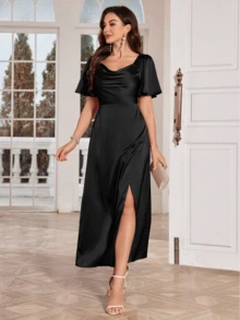Christmas Solid Color Draped Collar Wrap Split Cocktail Dress - Black - View 4